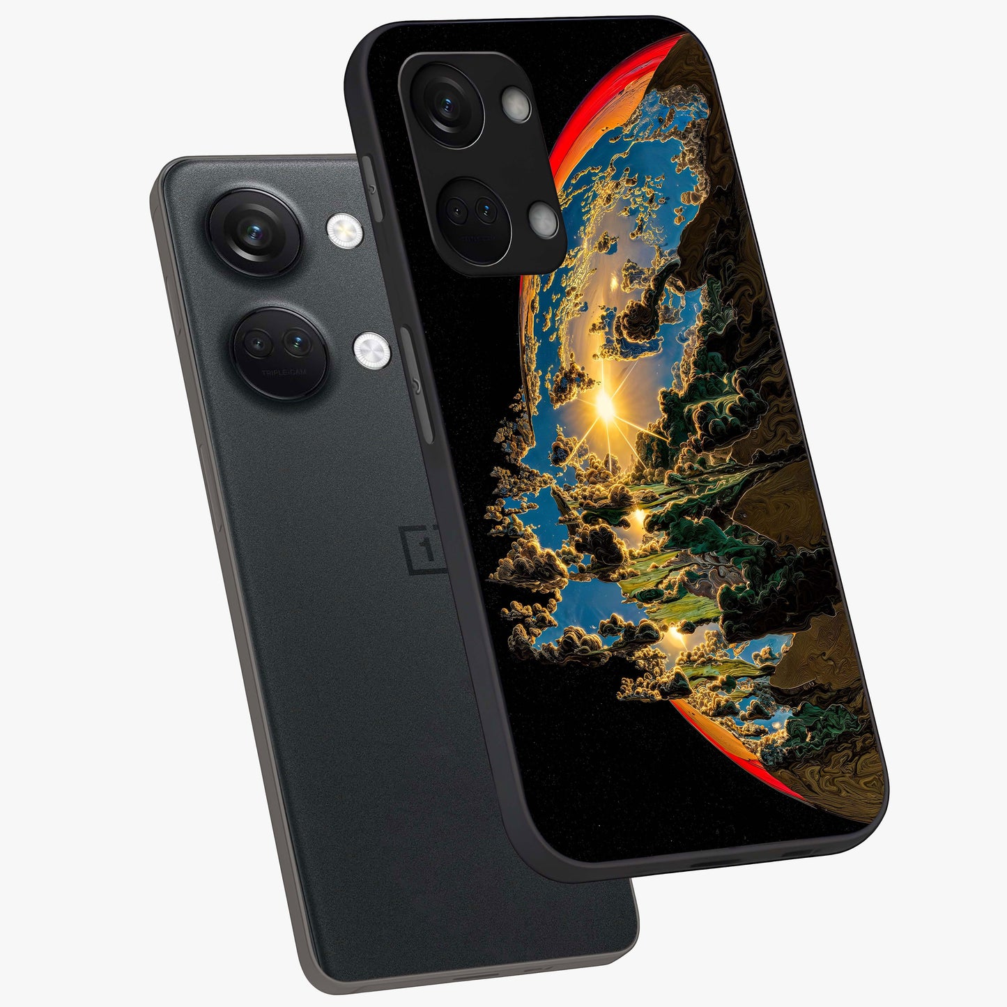 Sunrise Bursting Glass Case for 1+Nord 3 angled mockup showcasing glossy finish and warm golden gradients