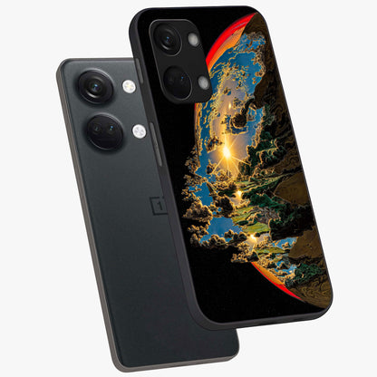 Sunrise Bursting Glass Case for 1+Nord 3 angled mockup showcasing glossy finish and warm golden gradients