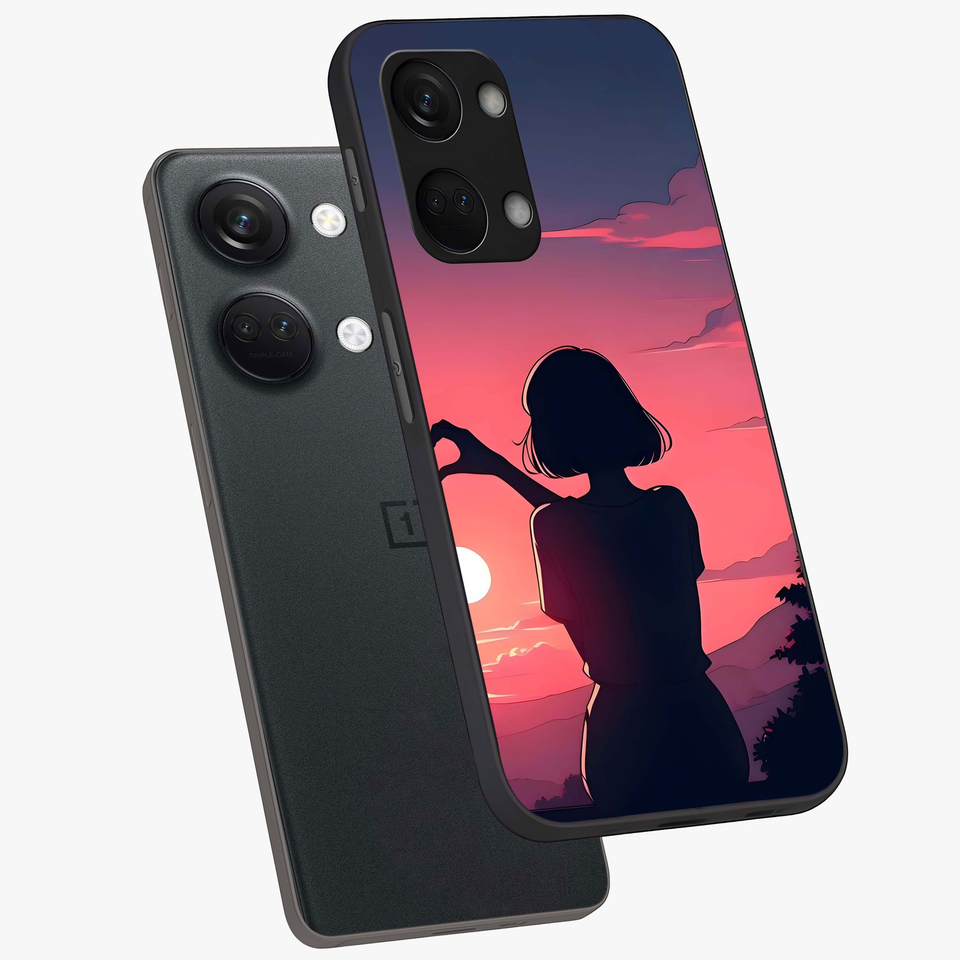 Sunset Silhouette Boy Glass Case for 1+Nord 3 angled mockup showcasing glossy finish and rich orange tones