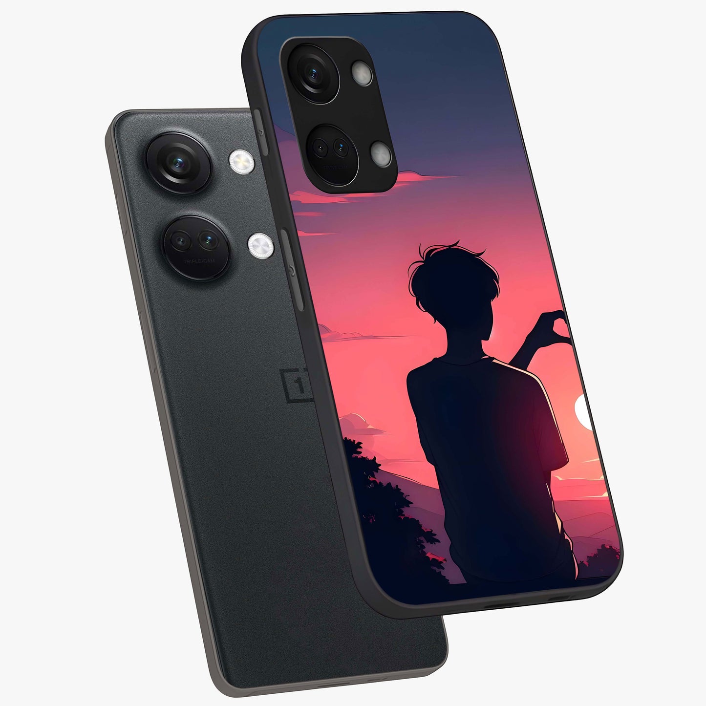 Sunset Silhouette Girl Glass Case for 1+Nord 3 angled mockup showcasing glossy finish and warm gradient tones