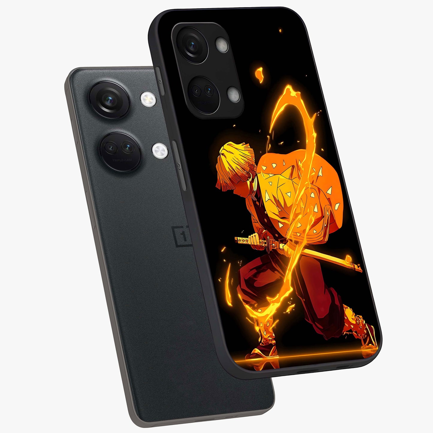 Thunder Flame Execution Glass Case for 1+Nord 3 angled mockup showcasing glossy finish and dramatic high contrast tones