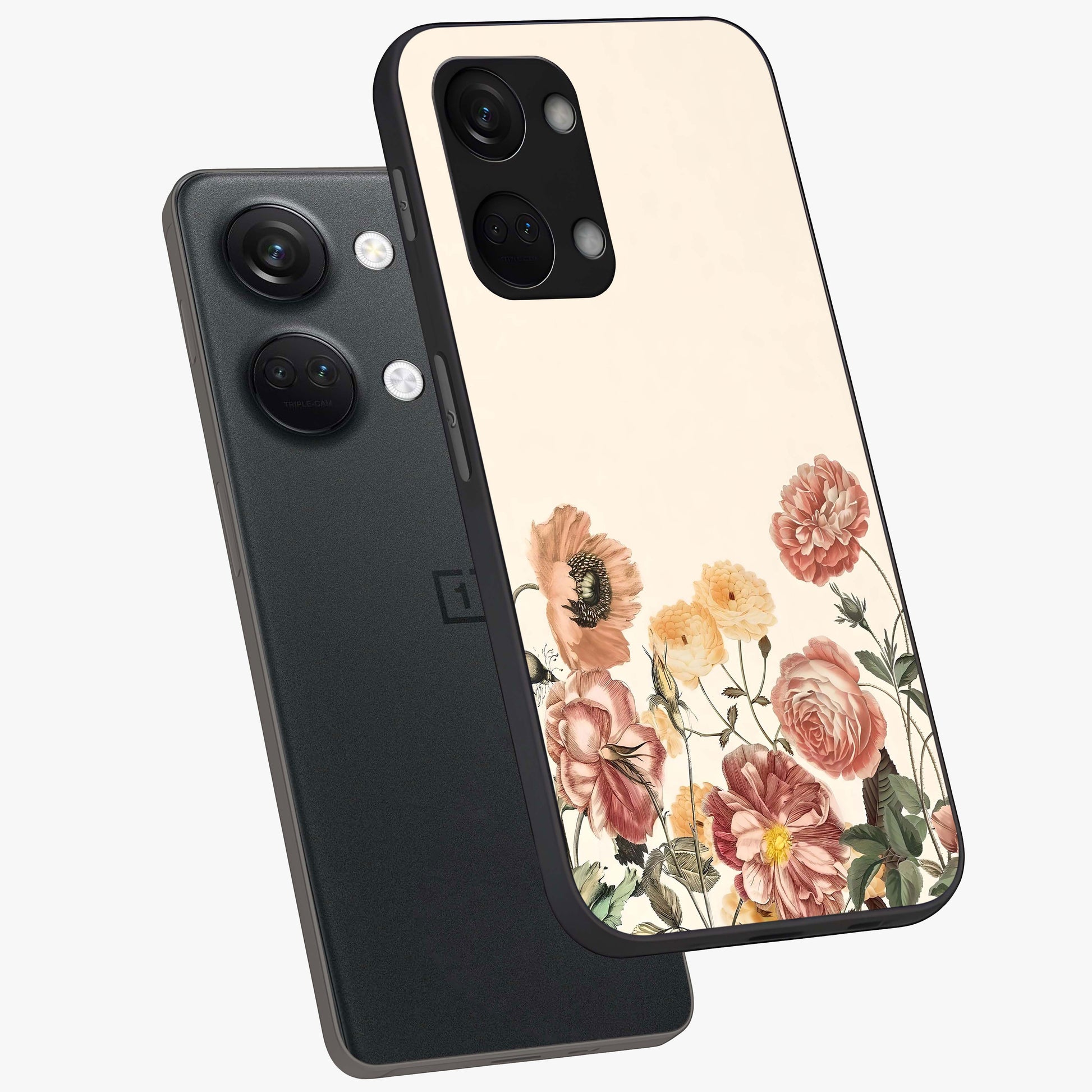 Timeless Garden Romance Glass Case for 1+Nord 3 angled mockup showcasing glossy finish and soft romantic tones