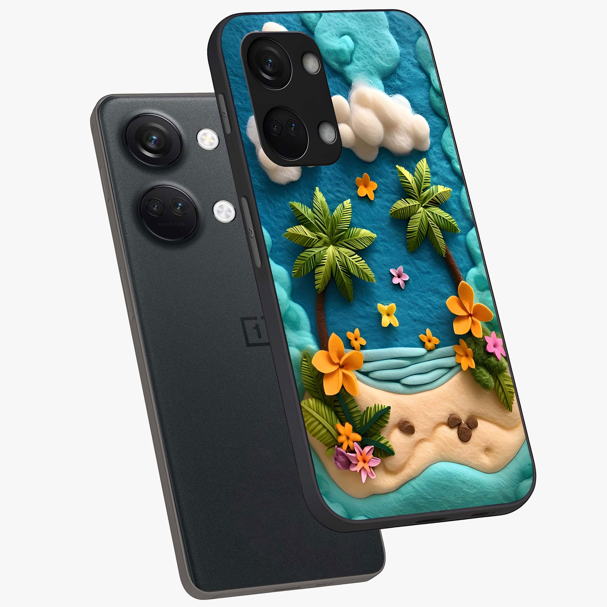 Tropical Felt Escape Glass Case for 1+Nord 3 angled mockup showcasing glossy finish and vibrant island tones