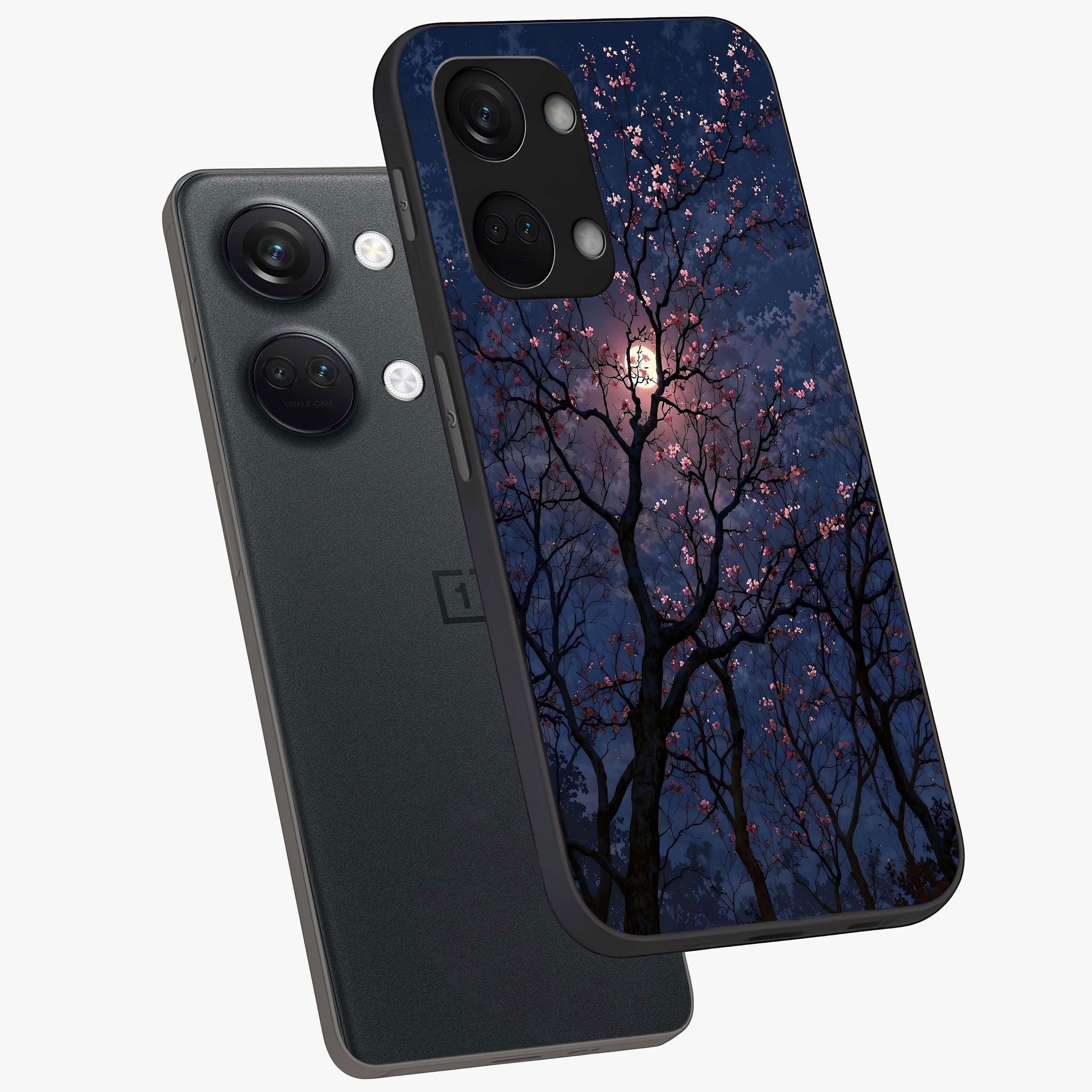 Twilight Sakura Serenade Glass Case for 1+Nord 3 angled mockup showcasing glossy glass finish and soft purple gradients