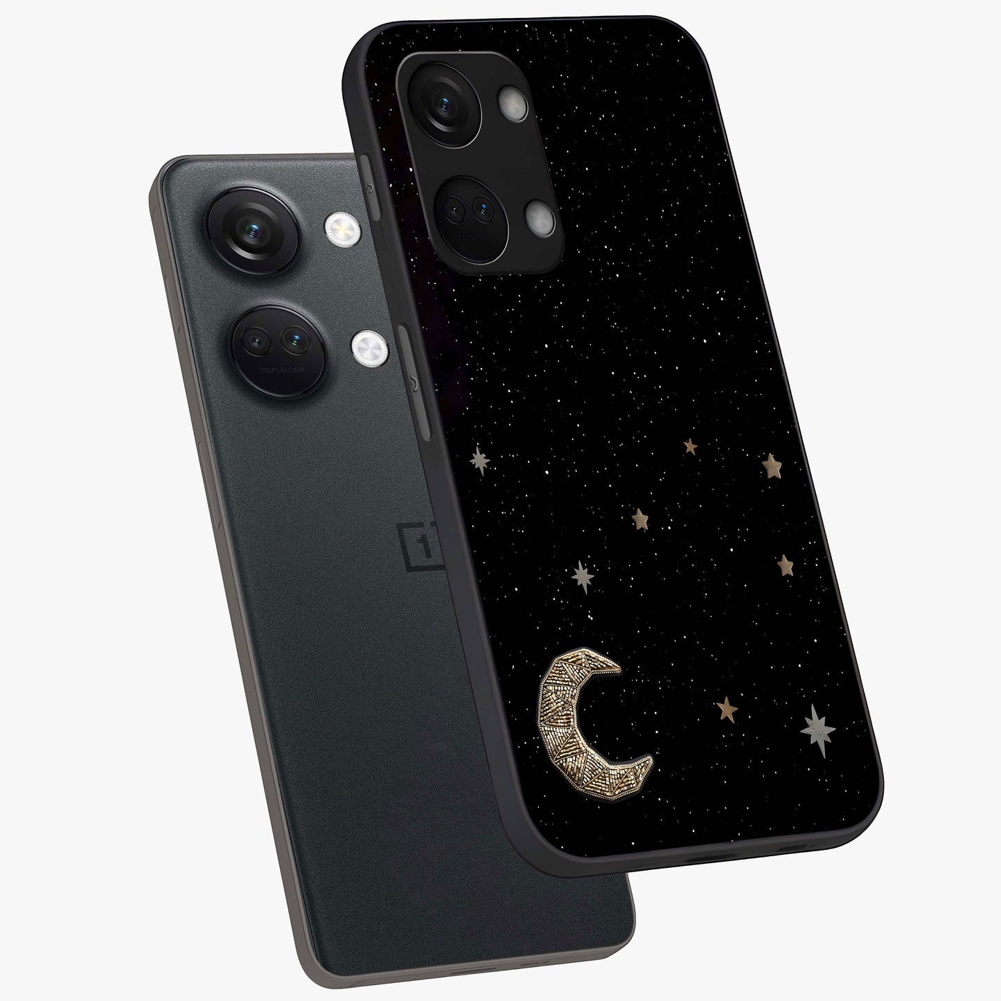 Twinkle Star With Half Moon Glass Case for 1+Nord 3 angled mockup showcasing glossy finish and celestial night tones