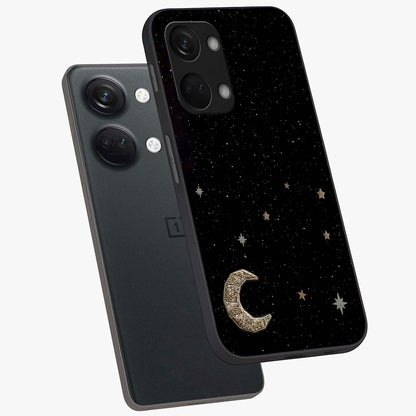 Twinkle Star With Half Moon Glass Case for 1+Nord 3 angled mockup showcasing glossy finish and celestial night tones