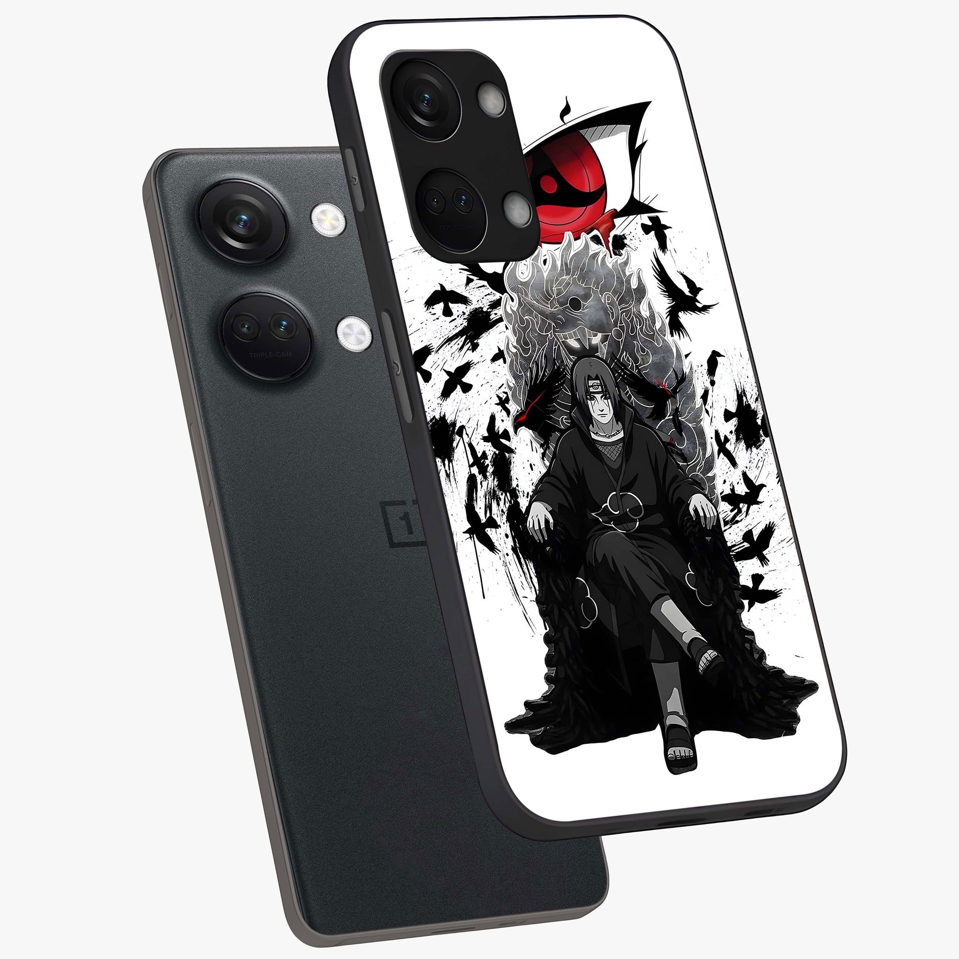Uchiha Shadow Throne Glass Case for 1+Nord 3 angled mockup showcasing glossy finish and dramatic shadow detailing