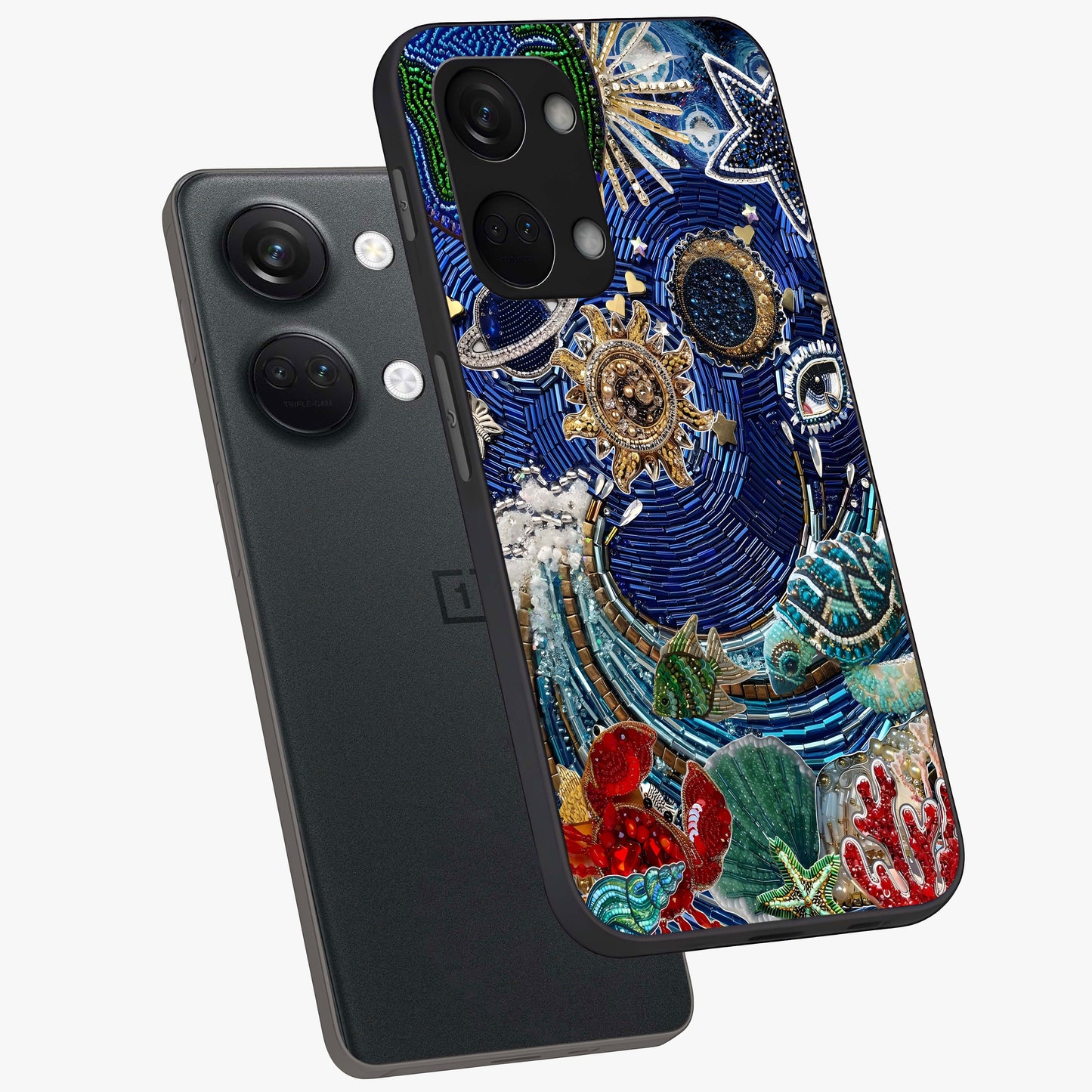 Universe Underwater Spark Glass Case for 1+Nord 3 angled mockup showcasing glossy finish and glowing blue gradients