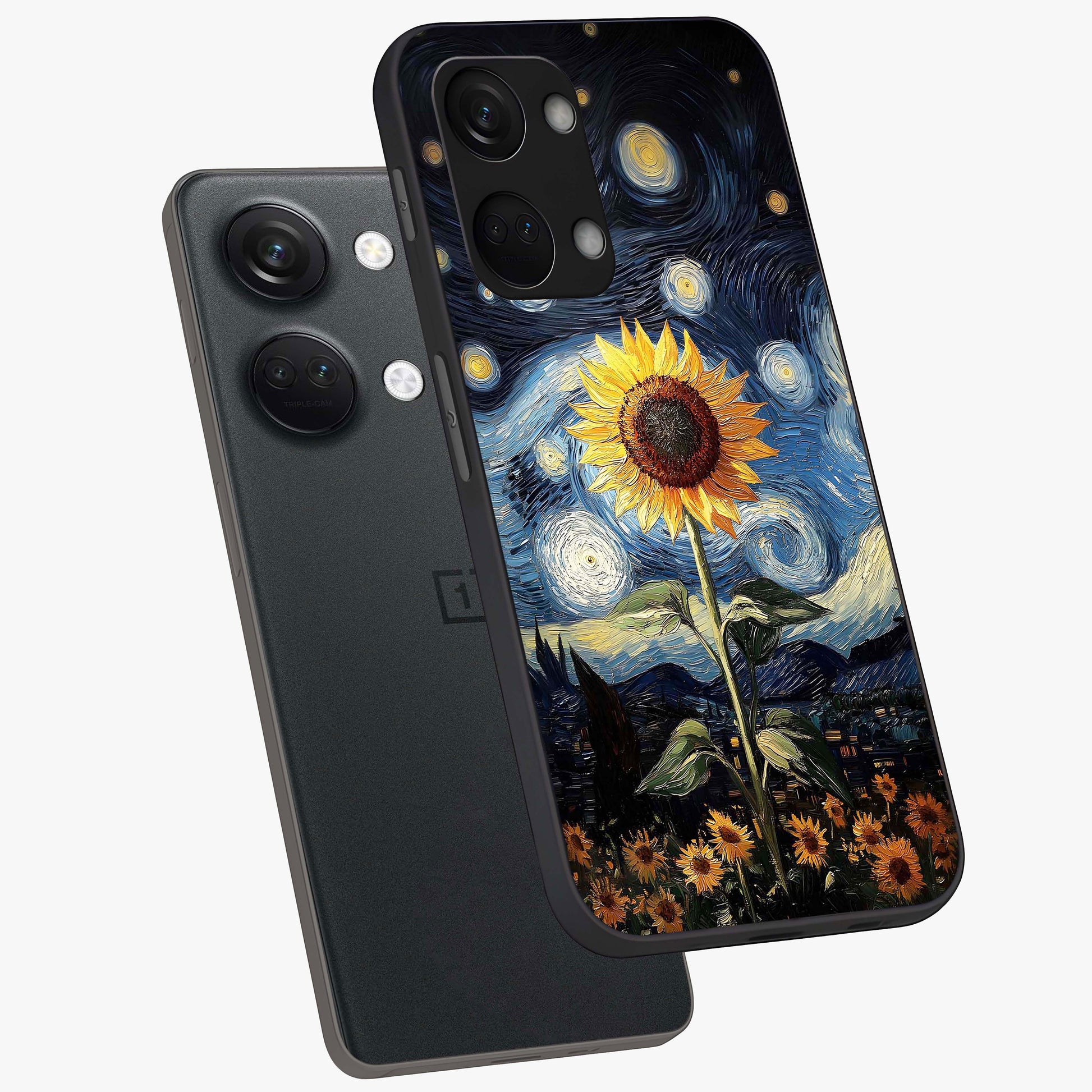 Van Gogh Sunflower Glass Case for 1+Nord 3 angled mockup showcasing glossy finish and bold yellow tones