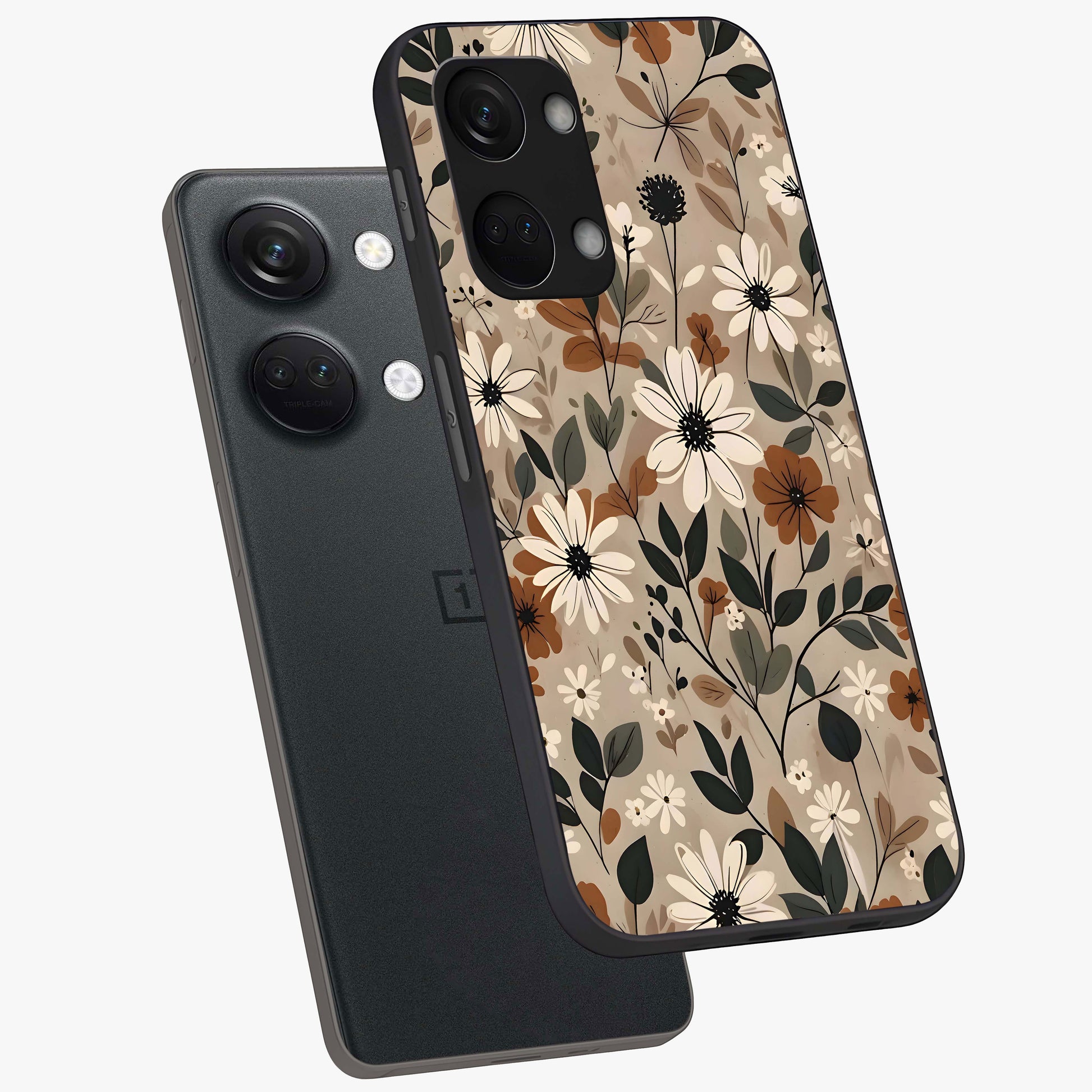 Vector Flowers Glass Case for 1+Nord 3 angled mockup showcasing glossy glass finish and crisp graphic detailing