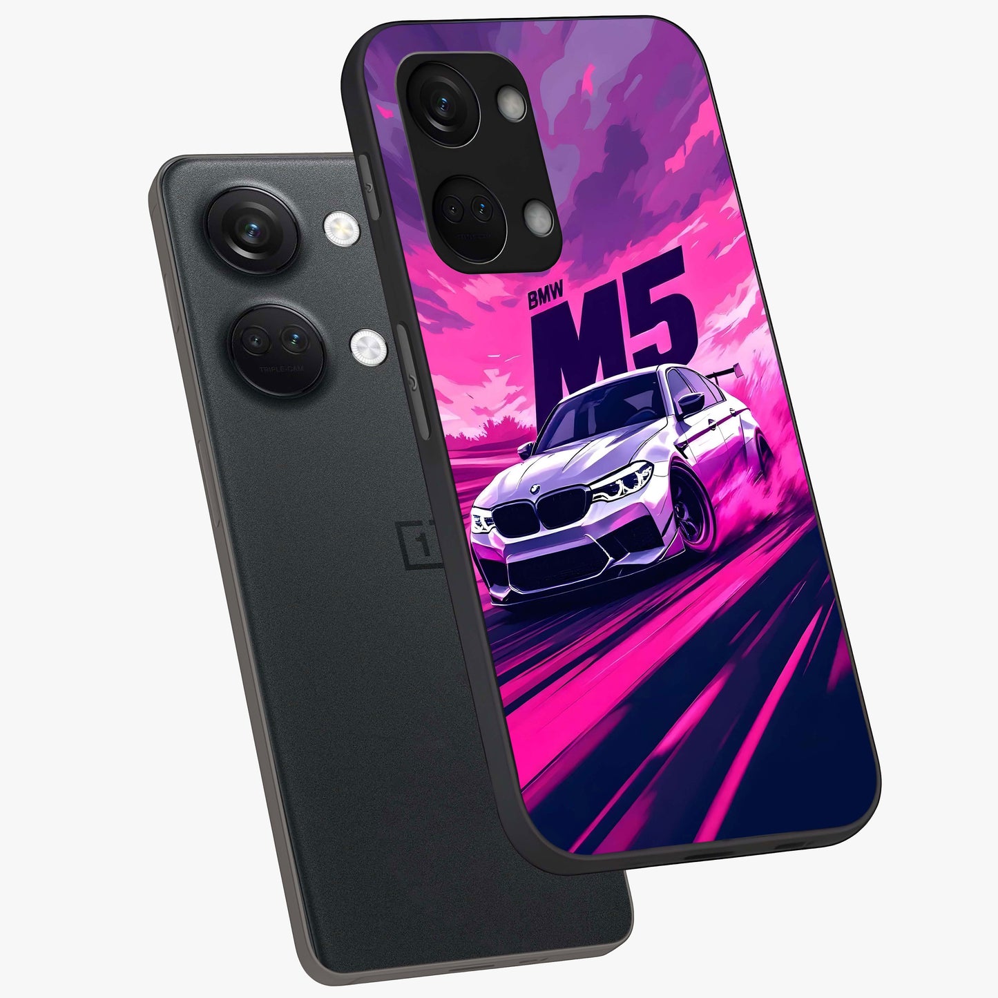 Velocity Drift Pulse Glass Case for 1+Nord 3 angled mockup showcasing glossy finish and bold speed gradients