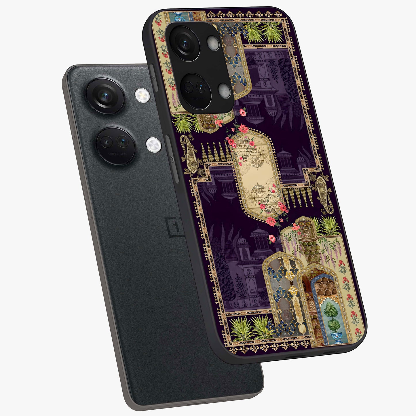 Velvet Mughal Art Glass Case for 1+Nord 3 angled mockup showcasing glossy finish and rich heritage tones