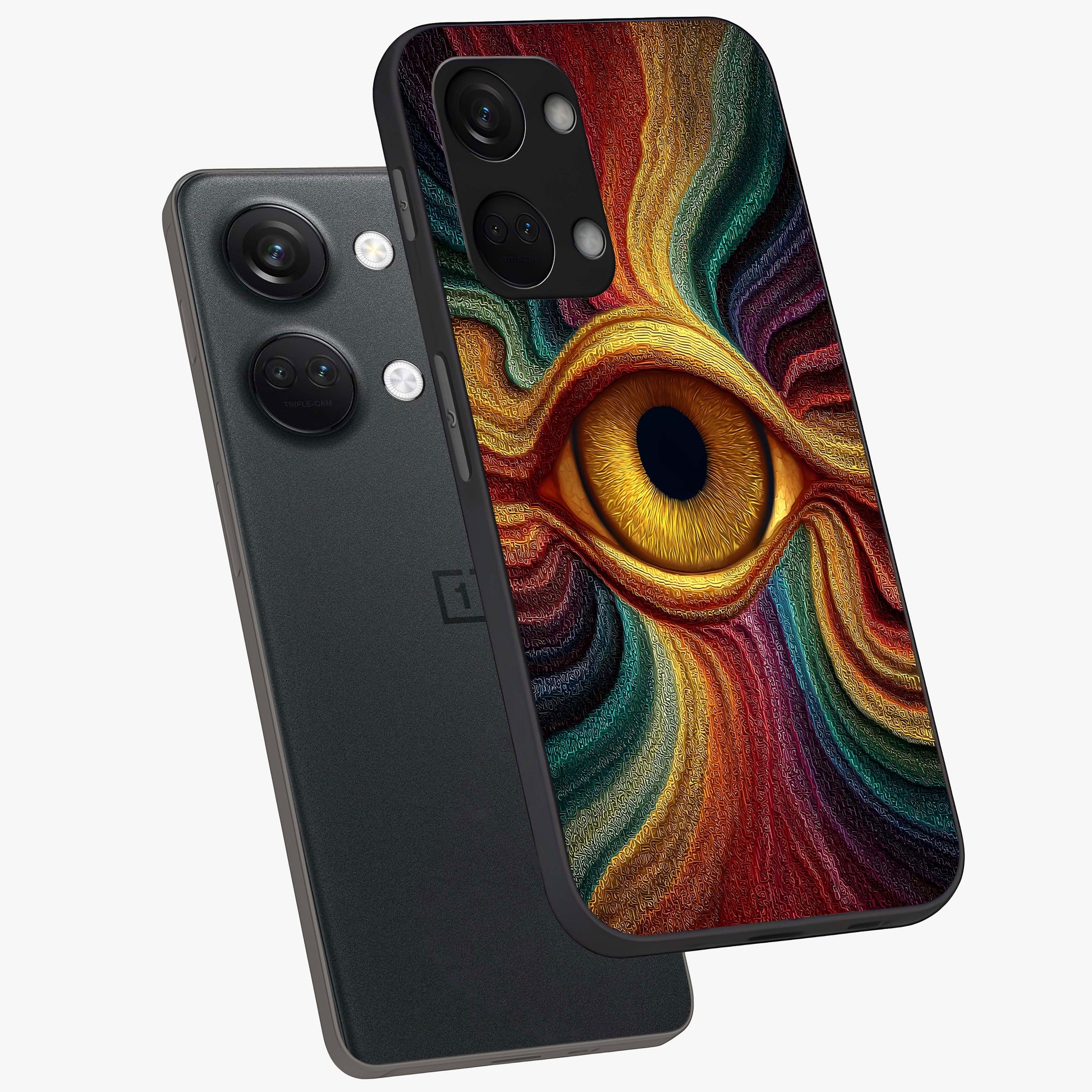 Visionary Flame Core Glass Case for 1+Nord 3 angled mockup showcasing glossy finish and bold glowing gradients