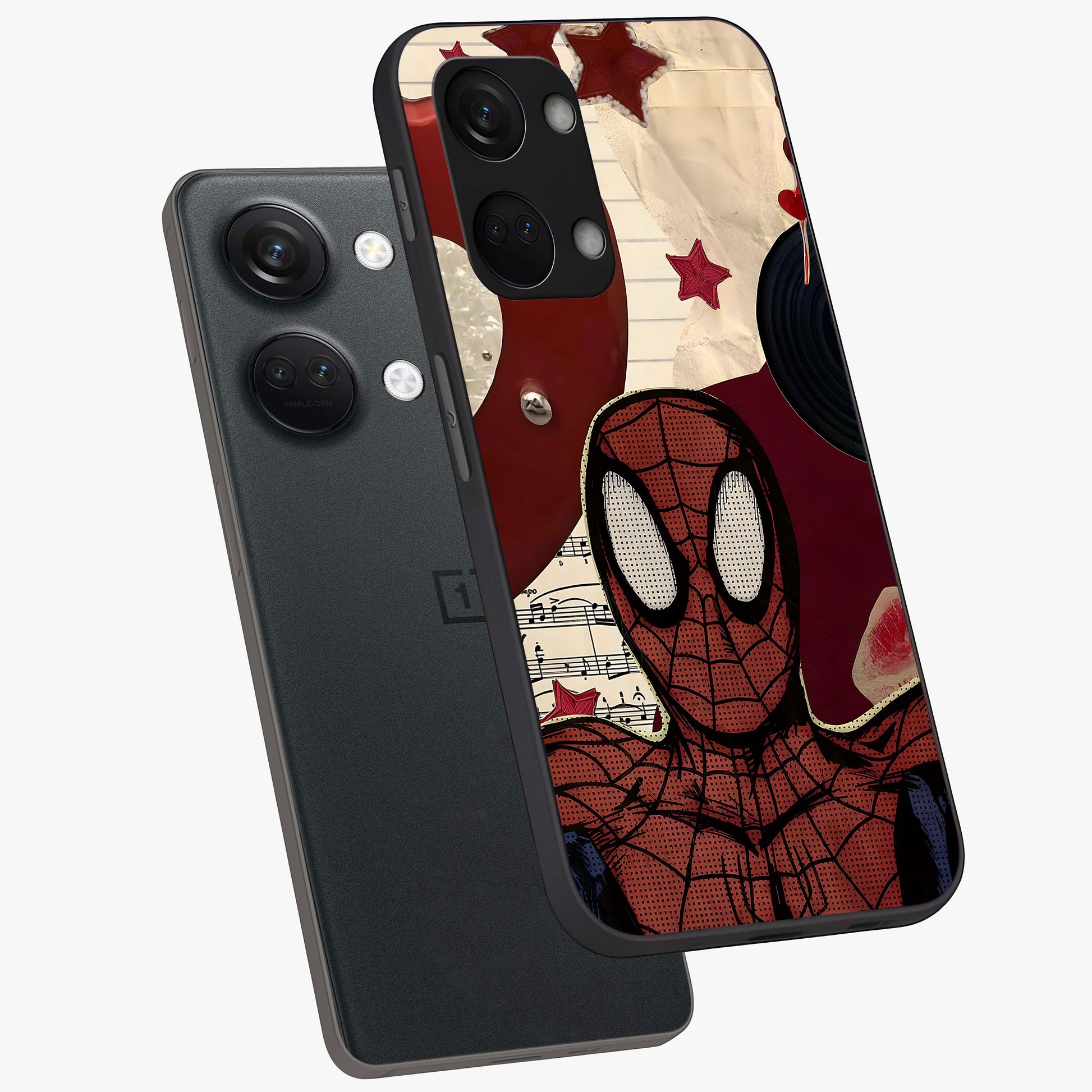 Web Warrior Vibes Glass Case for 1+Nord 3 angled mockup showcasing glossy finish and bold comic style detailing