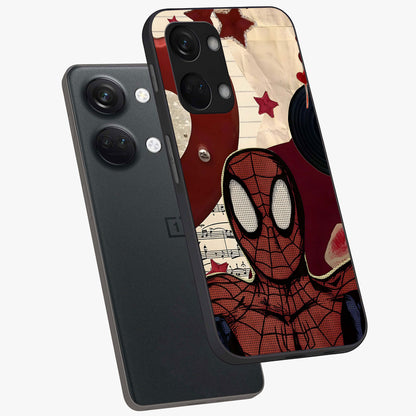 Web Warrior Vibes Glass Case for 1+Nord 3 angled mockup showcasing glossy finish and bold comic style detailing