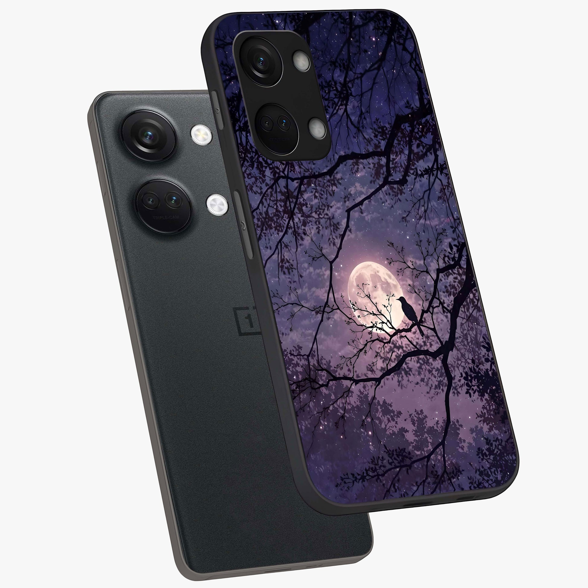 Whispering Moon Silence Glass Case for 1+Nord 3 angled mockup showcasing glossy finish and subtle celestial detailing