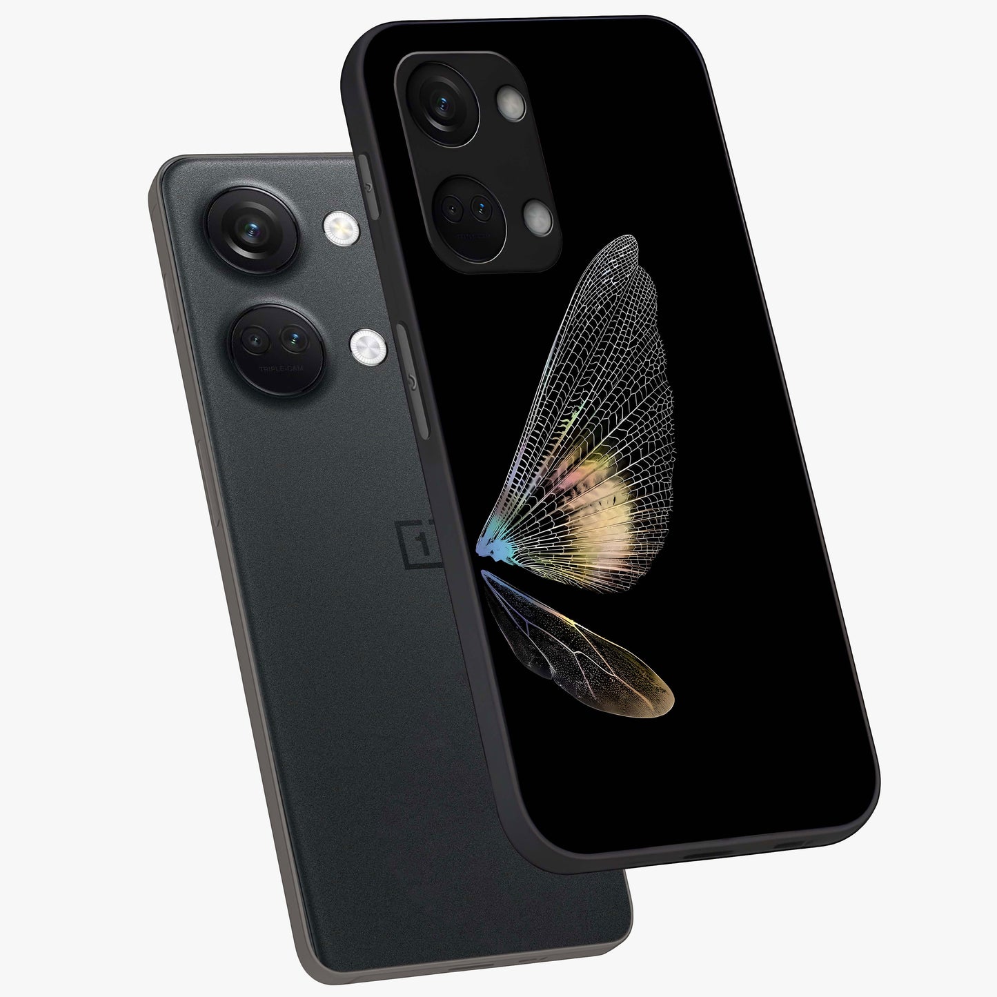 Whispers of Wings Glass Case for 1+Nord 3 angled mockup showcasing glossy finish and soft gradient detailing