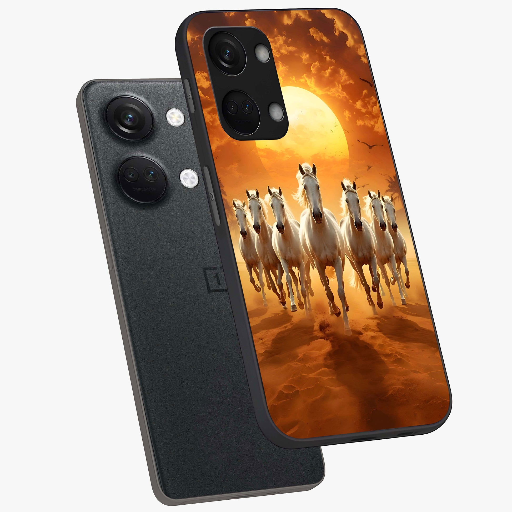 Wild Sunset Majesty Glass Case for 1+Nord 3 angled mockup showcasing glossy finish and warm fiery gradients