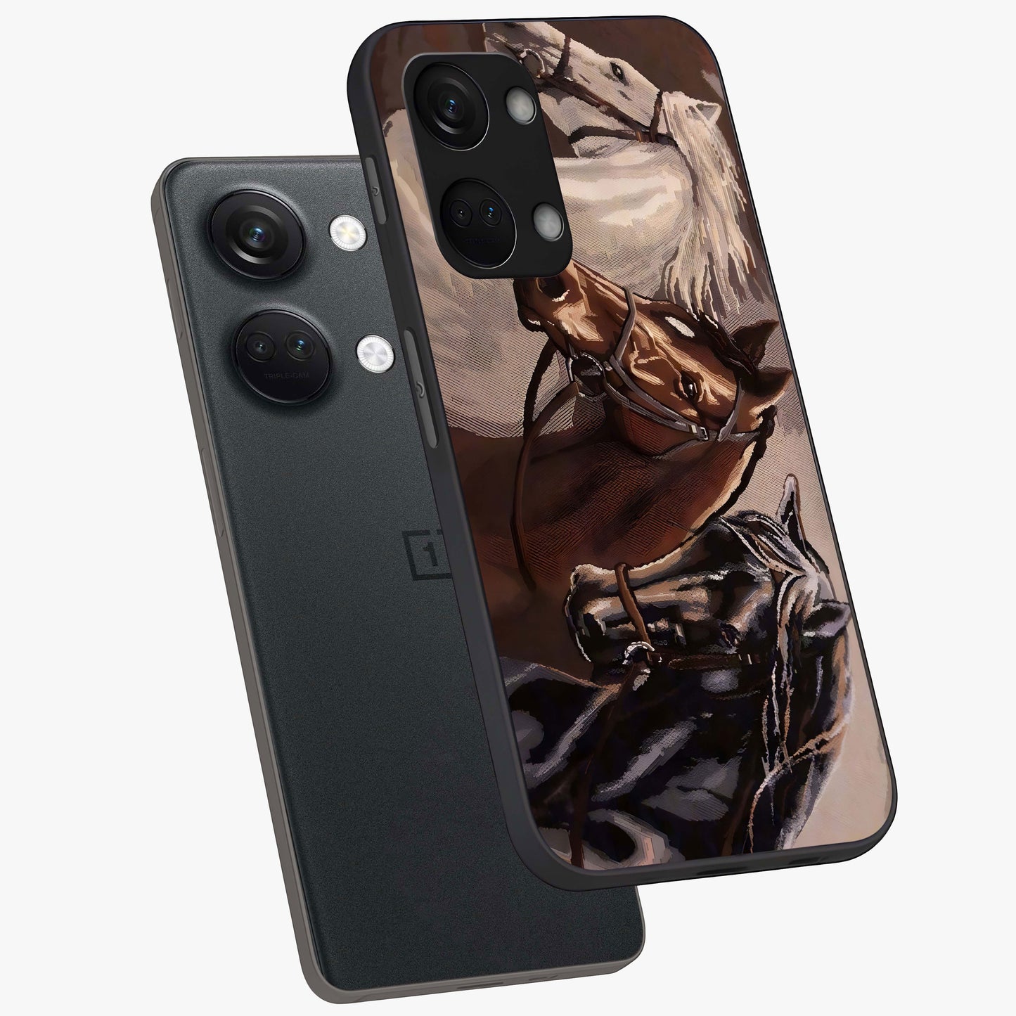 Wild Trio Gallop Glass Case for 1+Nord 3 angled mockup showcasing glossy glass finish and bold equestrian detailing