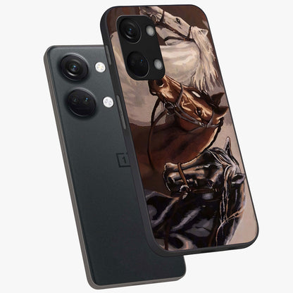 Wild Trio Gallop Glass Case for 1+Nord 3 angled mockup showcasing glossy glass finish and bold equestrian detailing