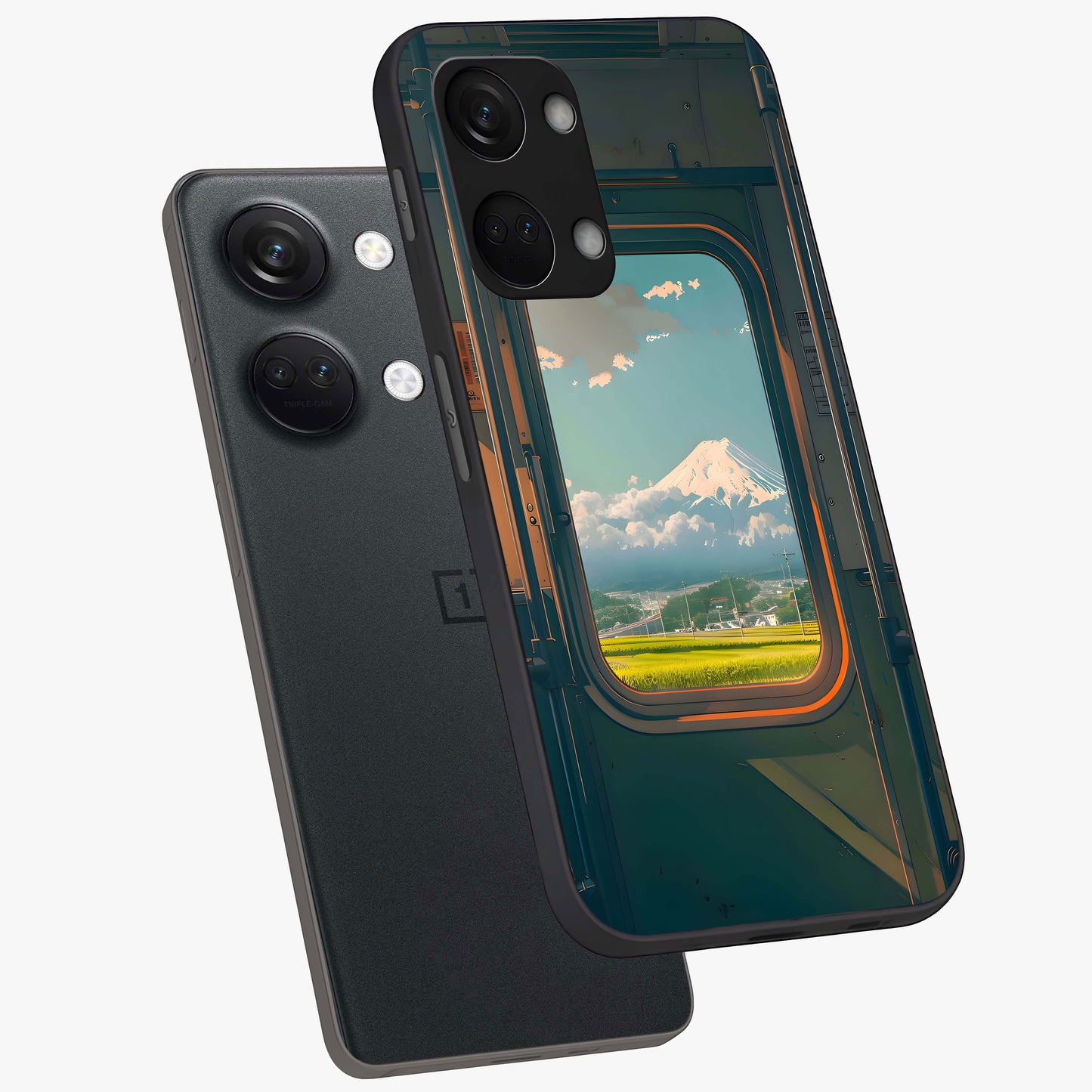 Window to Fuji Glass Case for 1+Nord 3 angled mockup showcasing glossy finish and serene landscape tones