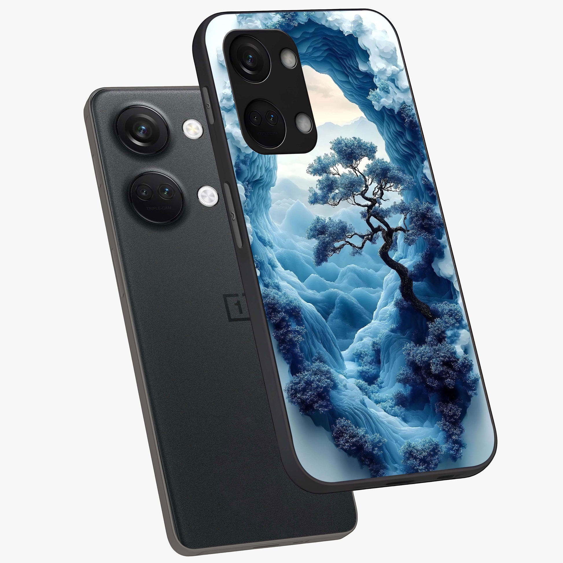 Winter Gate View Glass Case for 1+Nord 3 angled mockup showcasing glossy finish and cool winter gradients