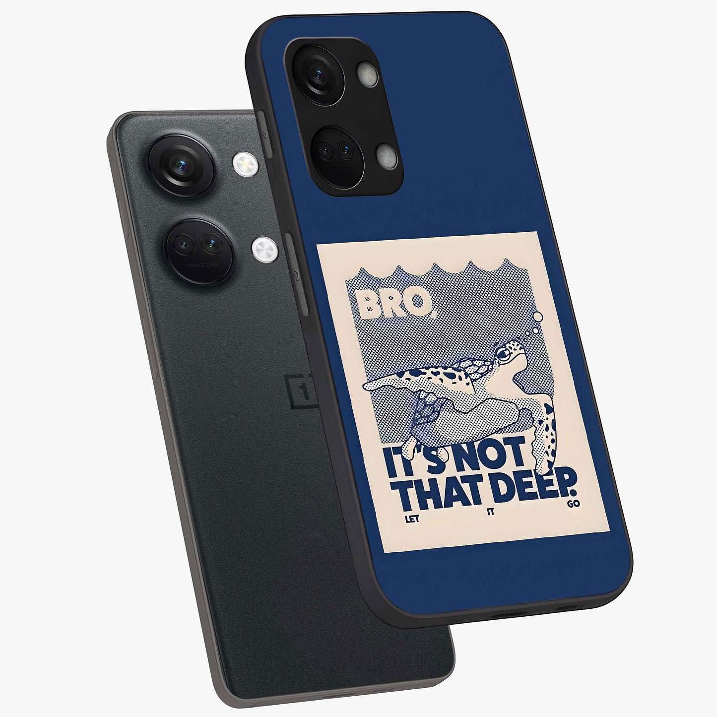 Worry Less Swim Glass Case for 1+Nord 3 angled mockup showcasing glossy finish and fresh ocean tones