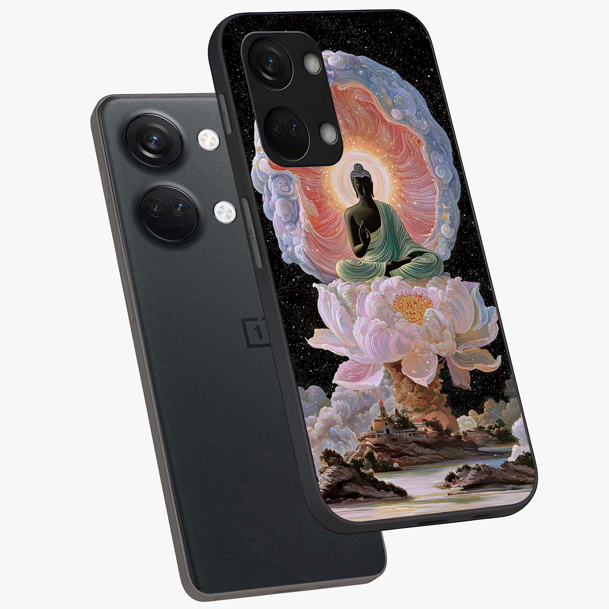 Zen Lotus Realm Glass Case for 1+Nord 3 angled mockup showcasing glossy finish and serene gradient detailing