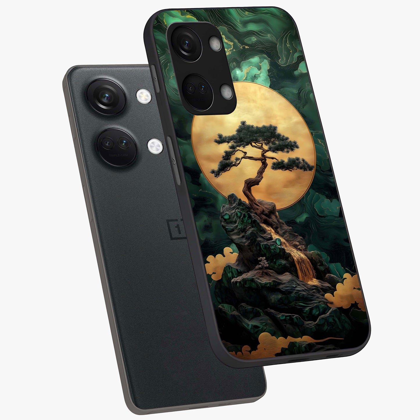 Zen Moon Rise Glass Case for 1+Nord 3 angled mockup showcasing glossy finish and soft night sky tones