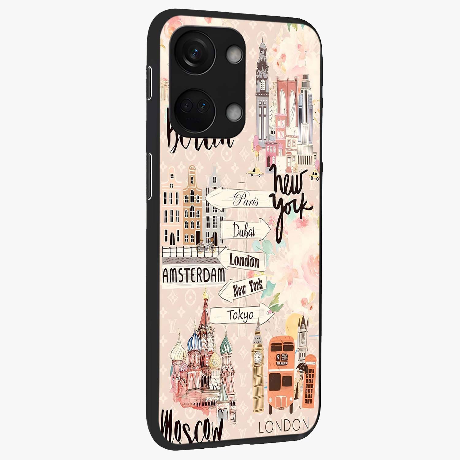 Aesthetic Travel Glass Case for 1+Nord 3 side perspective highlighting bold travel graphic details