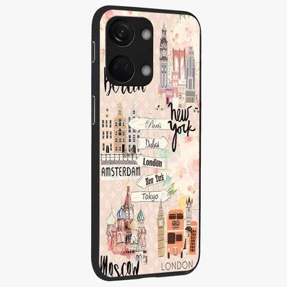 Aesthetic Travel Glass Case for 1+Nord 3 side perspective highlighting bold travel graphic details