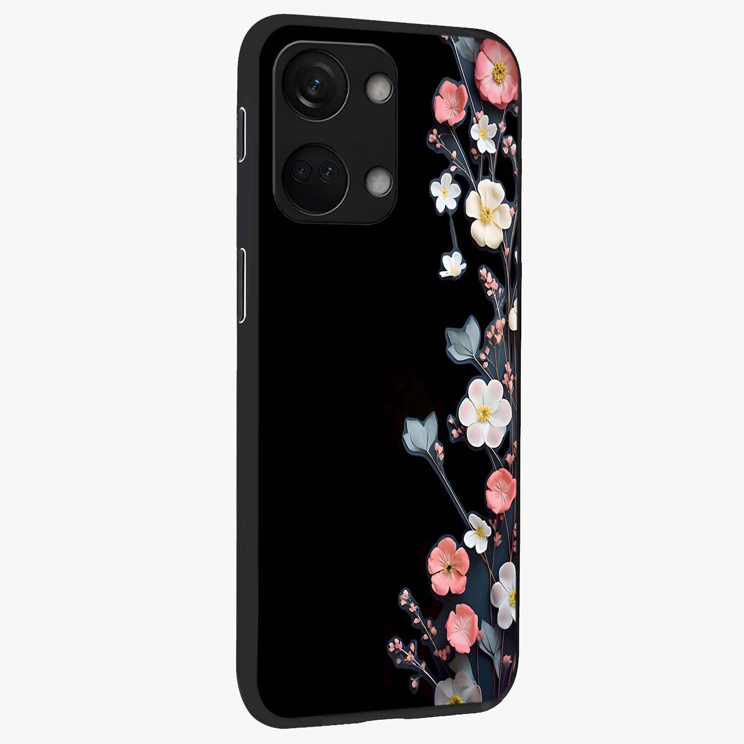 Black Elegance Floral Custom Name Glass Case for 1+Nord 3 side perspective highlighting elegant floral detailing and premium edges
