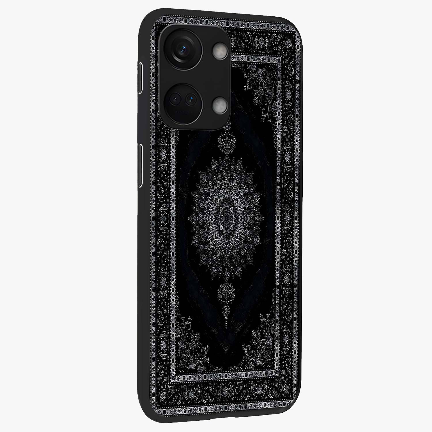 Black Persian Carpet Glass Case for 1+Nord 3 side perspective highlighting classic pattern textures and premium build