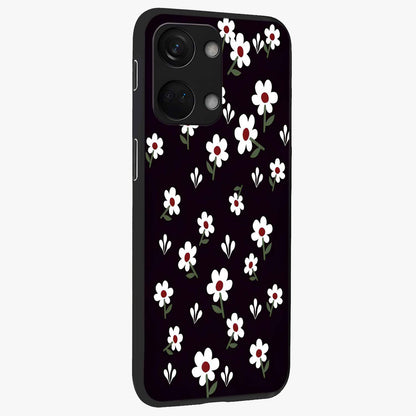 Black Prints Daisy Flower Pattern Glass Case for 1+Nord 3 side perspective highlighting delicate daisy details and smooth edges