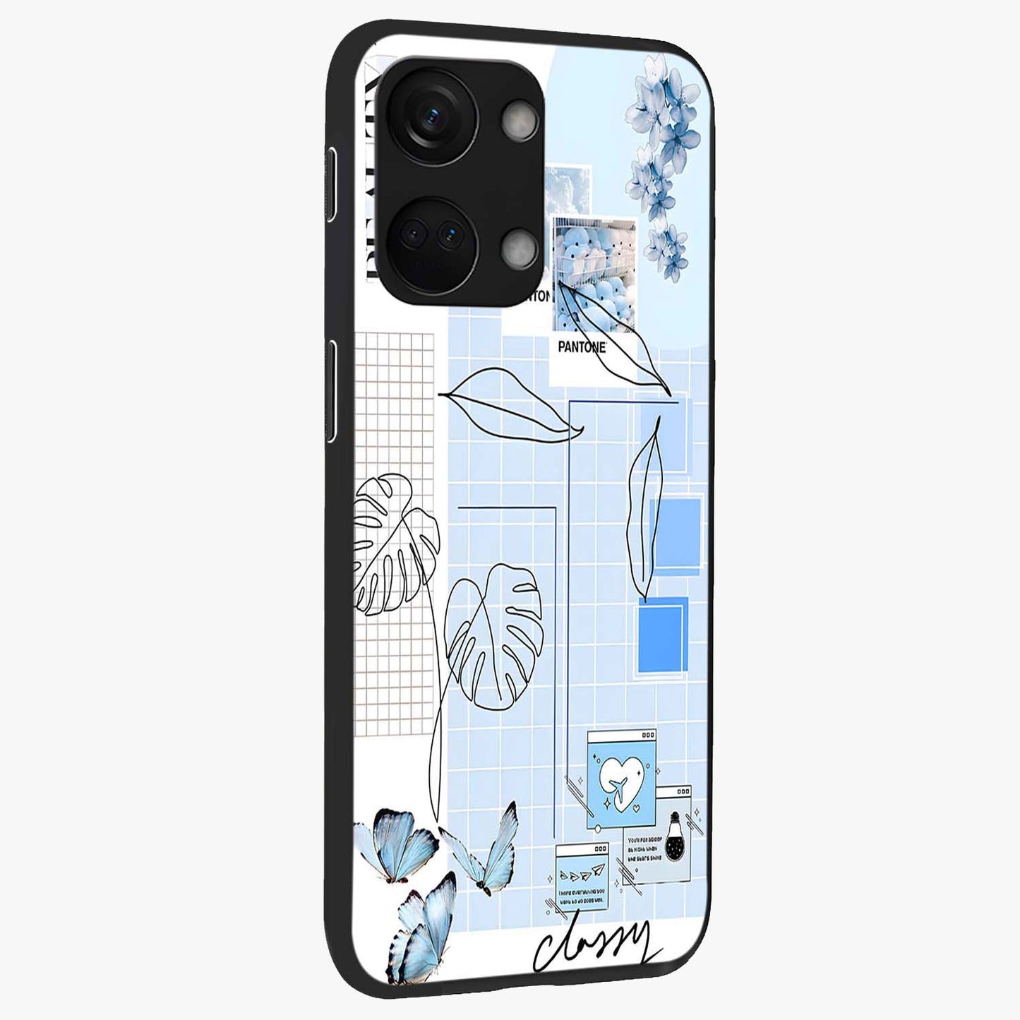 Blue Aesthetic Flower Glass Case for 1+Nord 3 side perspective highlighting calming blue tones and premium detailing