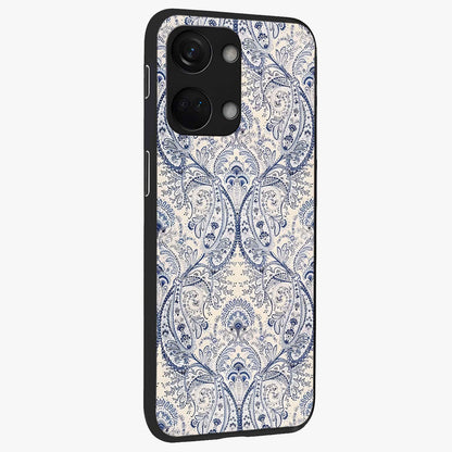 Blue Paisley Bloom Glass Case for 1+Nord 3 side perspective highlighting elegant paisley textures and premium build
