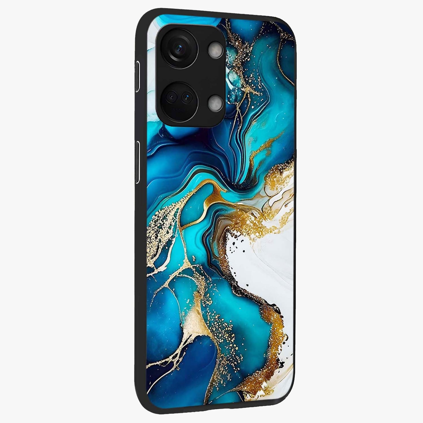 Blue and White Marble With Golden Viens Art Glass Case for 1+Nord 3 side perspective highlighting rich marble textures and elegant gold accents