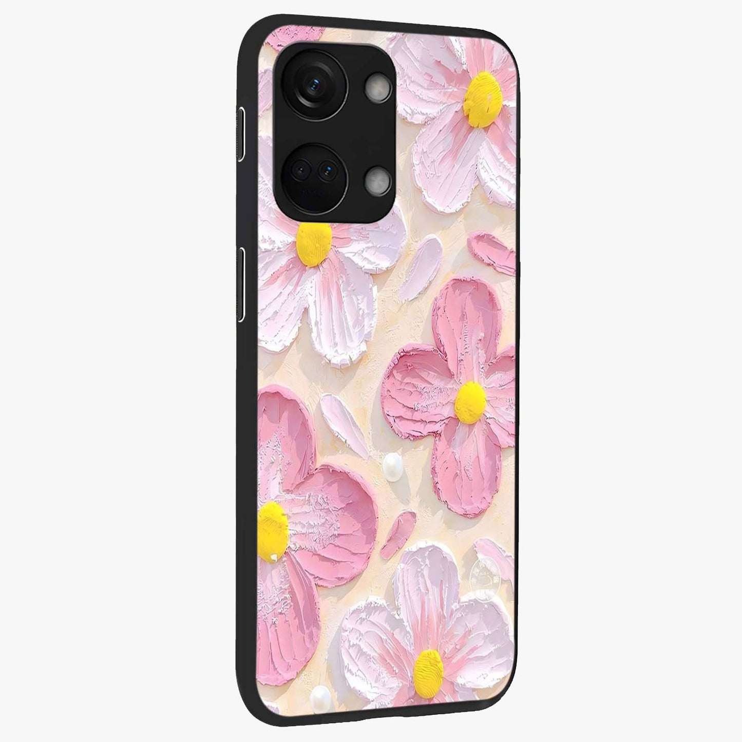 Blush Bloom Texture Glass Case for 1+Nord 3 side perspective highlighting rich floral textures and smooth edges