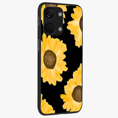 Bold Sunflowers Glow Glass Case for 1+Nord 3 side perspective highlighting rich yellow hues and premium edge finish