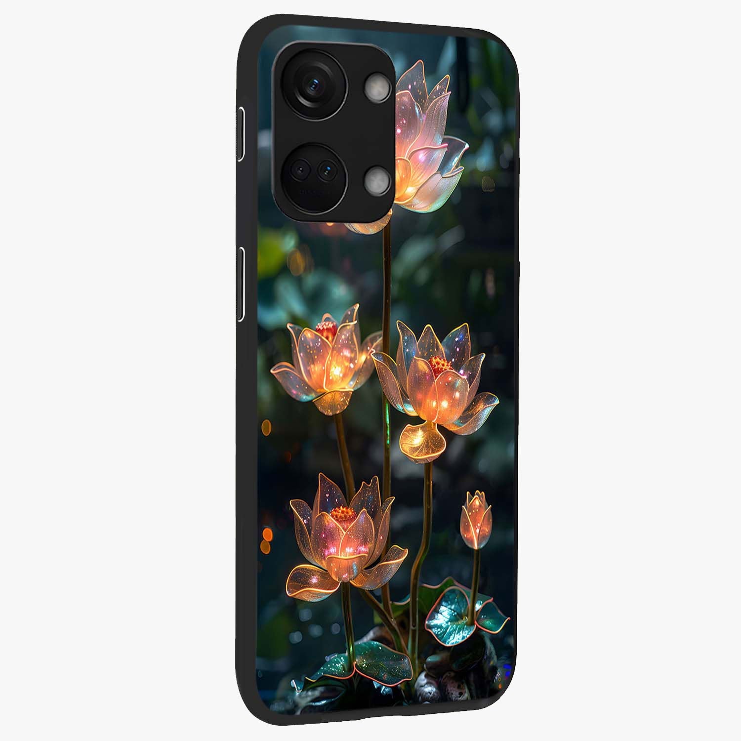 Celestial Lotus Light Glass Case for 1+Nord 3 side perspective highlighting delicate lotus detailing and premium finish