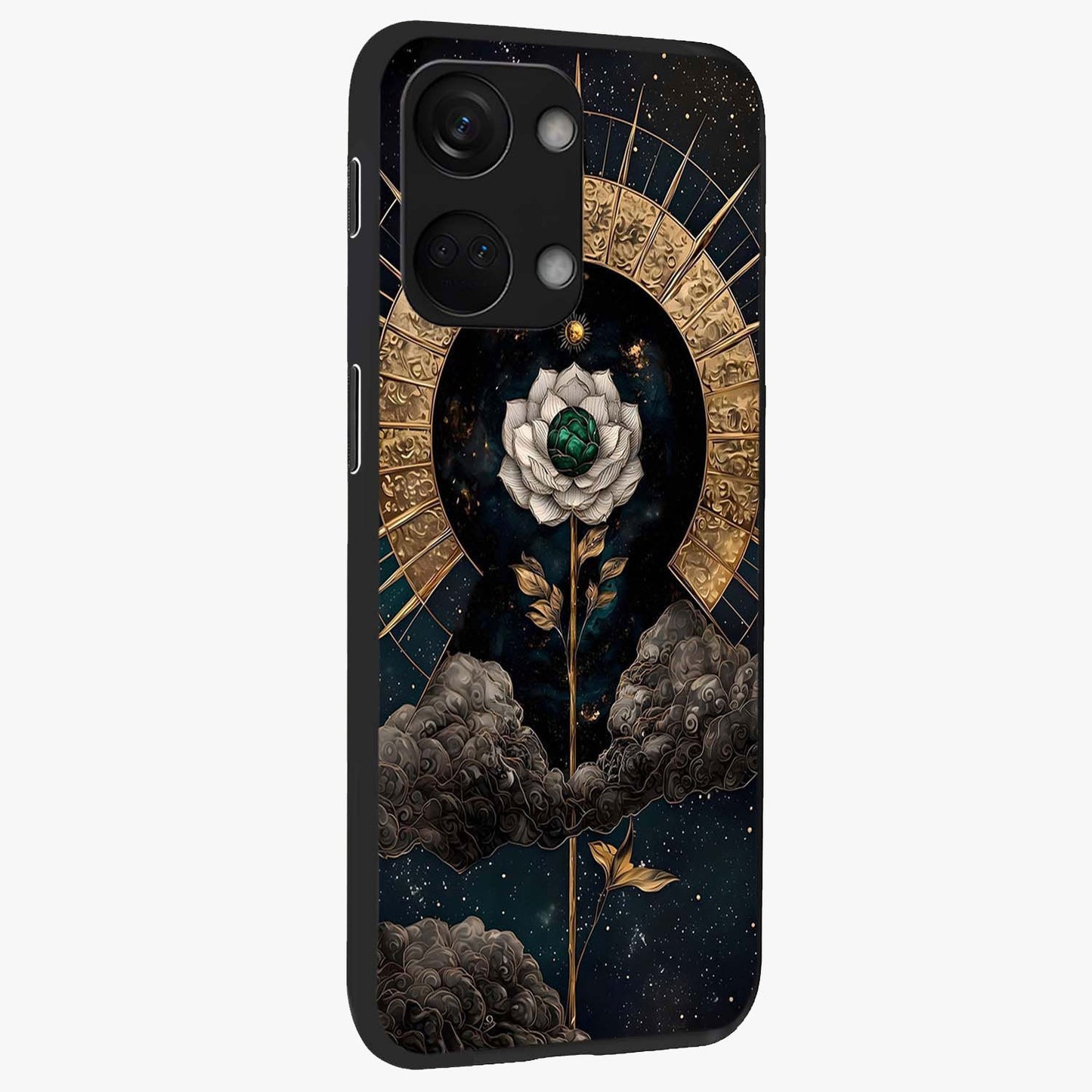 Cosmic Bloom Rose Glass Case for 1+Nord 3 side perspective highlighting glowing rose details and smooth premium build