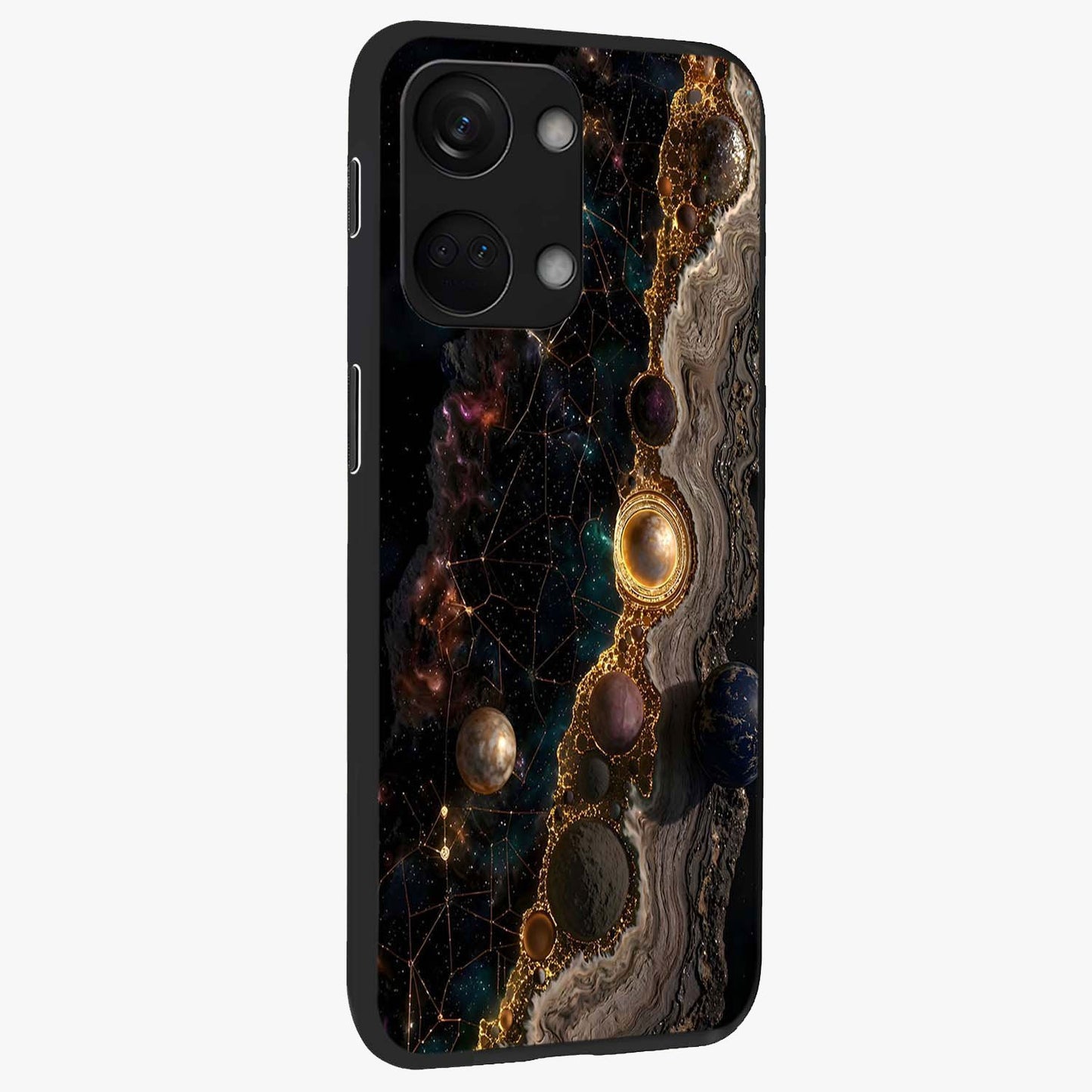 Cosmic Gold Path Glass Case for 1+Nord 3 side perspective highlighting premium metallic detailing and sleek edges