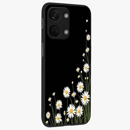 Daisy Cascade on Black Glass Case for 1+Nord 3 side perspective highlighting delicate daisy detailing and smooth edges