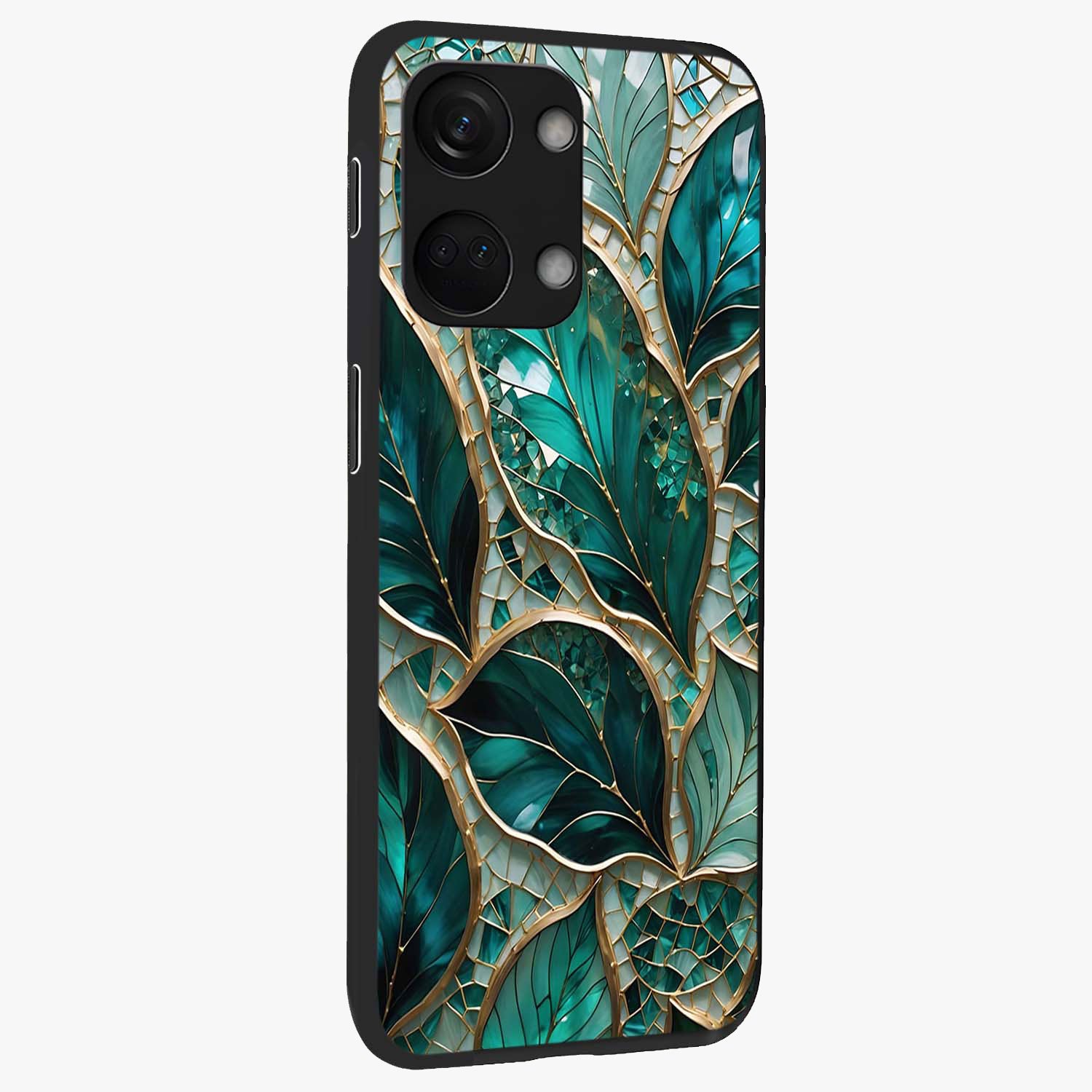 Emerald Leaf Glass Case for 1+Nord 3 side perspective highlighting refined leaf textures and sleek build