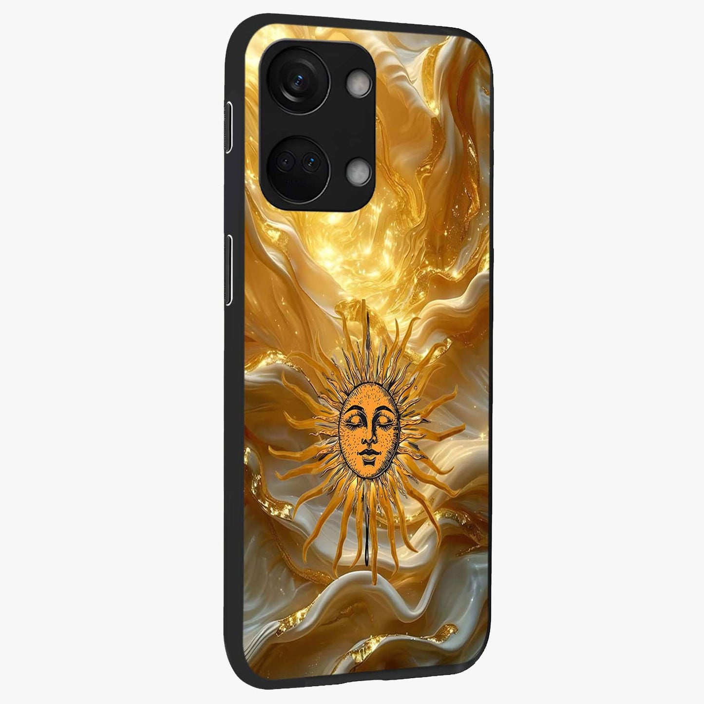 Eternal Golden Glow Glass Case for 1+Nord 3 side perspective highlighting rich glow detailing and premium edges