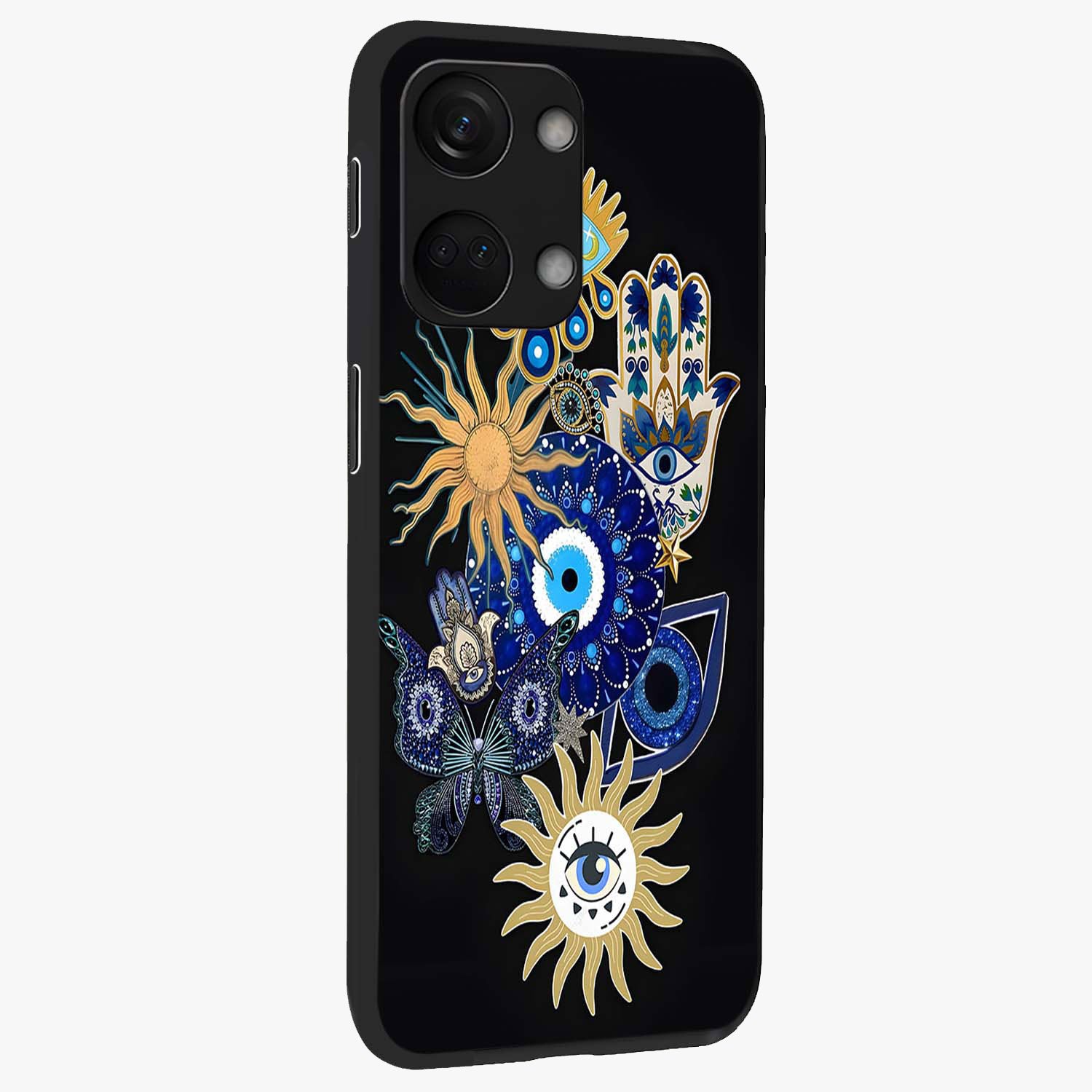 Evil Eye Charm Vibes Glass Case for 1+Nord 3 side perspective highlighting vibrant textures and premium edge finish