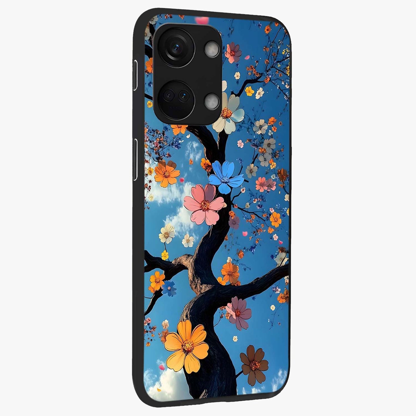 Floral Tree Glass Case for 1+Nord 3 side perspective highlighting vibrant floral patterns and sleek edges