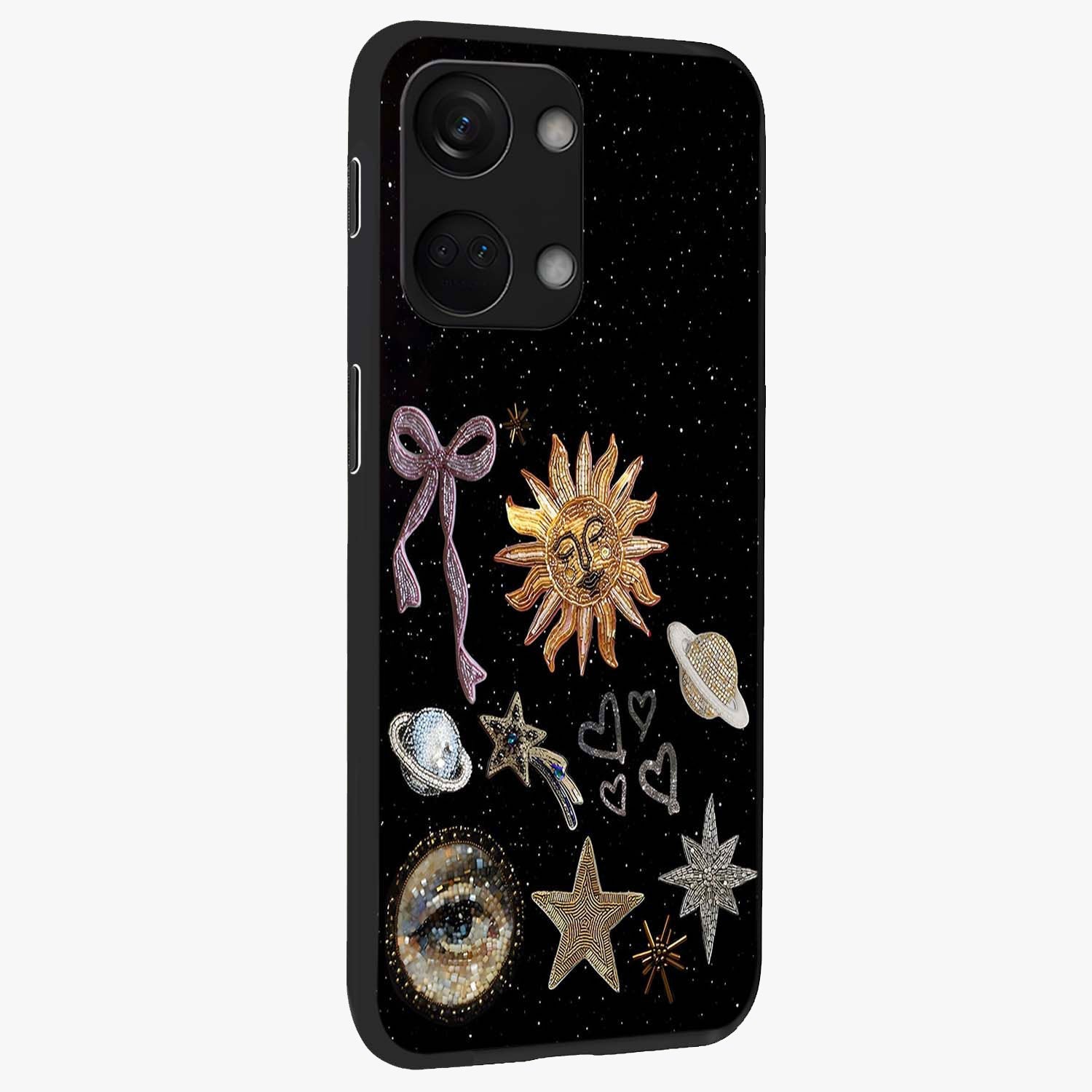Galactic Sun Charm Glass Case for 1+Nord 3 side perspective highlighting glowing sun detailing and premium edge finish