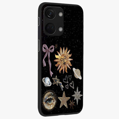 Galactic Sun Charm Glass Case for 1+Nord 3 side perspective highlighting glowing sun detailing and premium edge finish