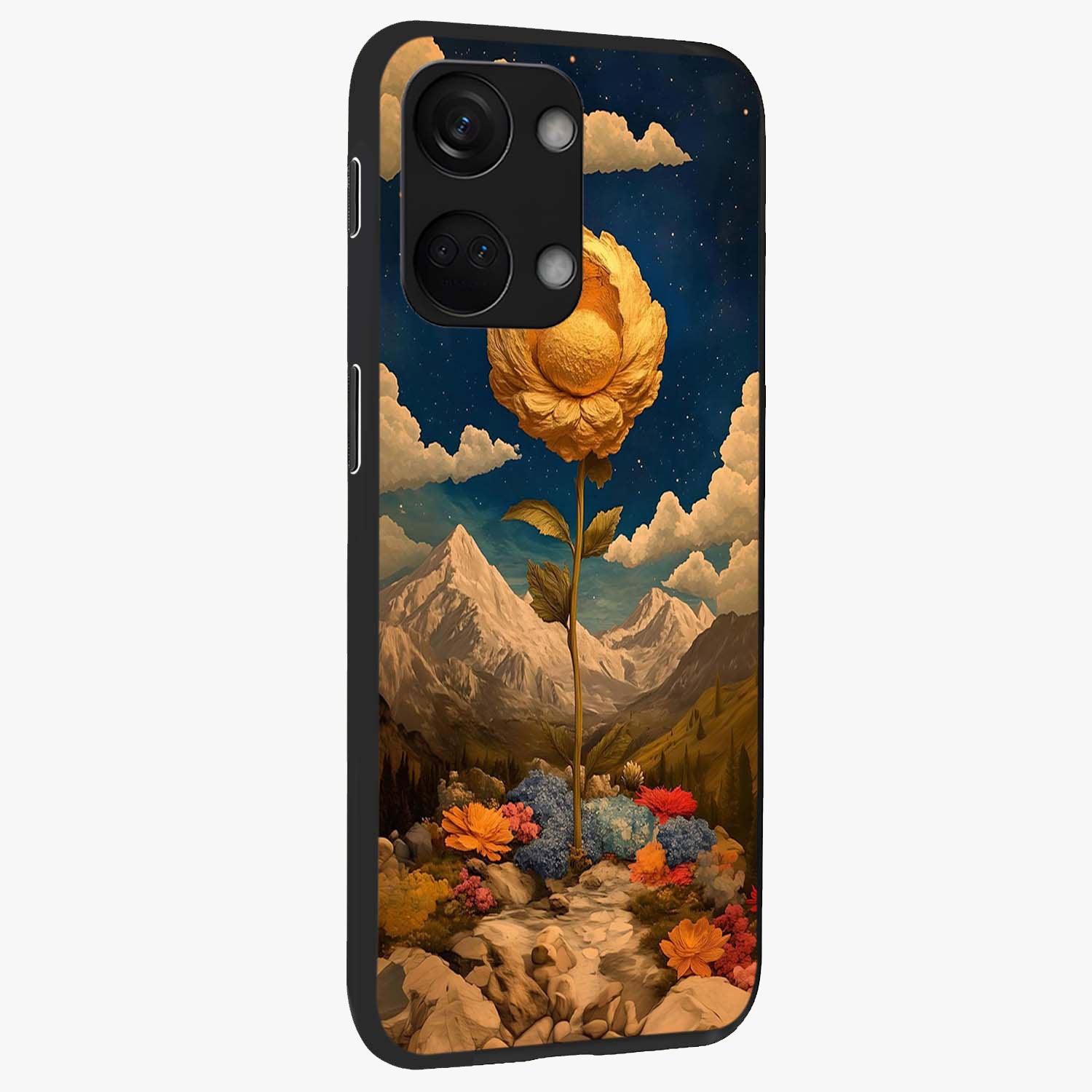 Golden Bloom Night Glass Case for 1+Nord 3 side perspective highlighting radiant bloom detailing and premium edges